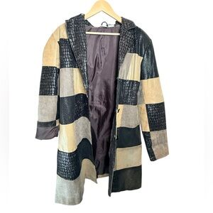 Vintage 90s Leather Patchwork Coat Tan Black Long Leather Jacket Size M